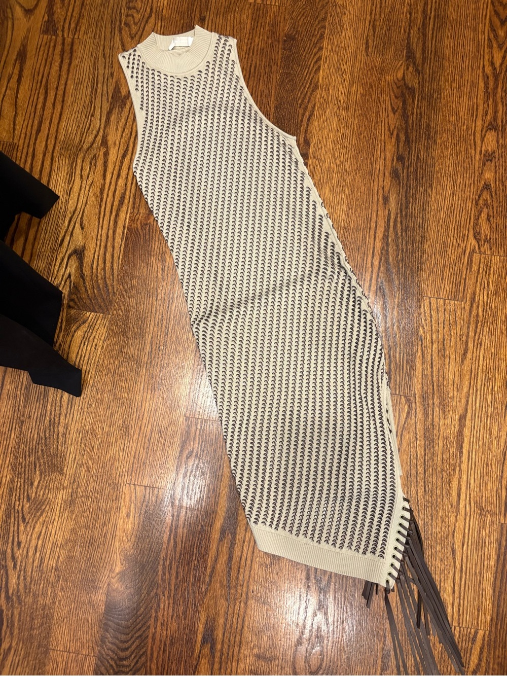 Jonathan Simkhai Cream Knit Midi Dress with Black Pattern & Fringe - Picture 2 of 3